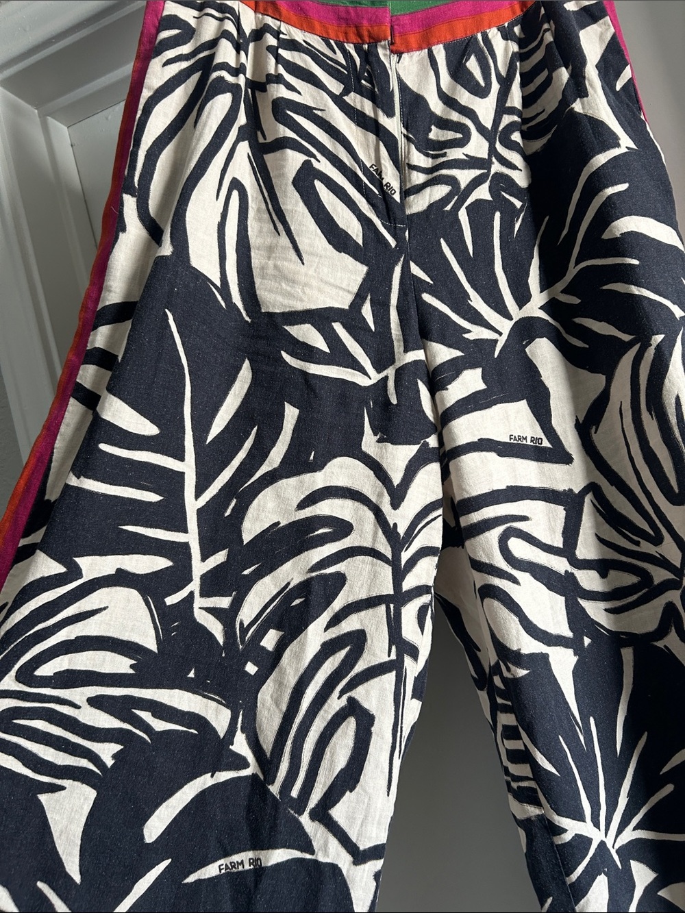 FARM Rio Black & Cream Wide Leg Tropical Print Pants with Striped Waistband - Picture 5 of 5